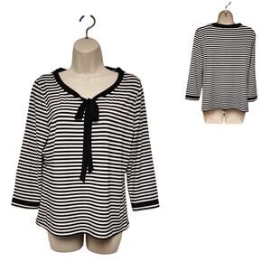Talbots Womens Top Black White Stripe Knit 3/4 Sleeve Blouse Size PL